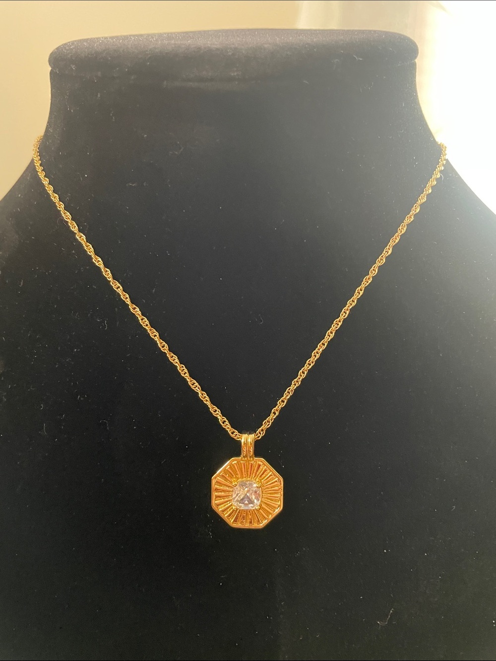 Gold Octagonal Sunburst Pendant Necklace with Clear Stone